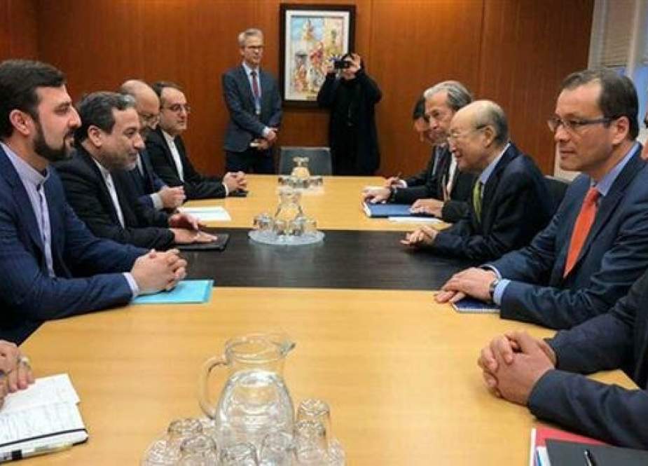 An Iranian delegation headed by Iranian Deputy Foreign Minister for Political Affairs Abbas Araqchi (3rd L) meets with Yukiya Amano, director general of the International Atomic Energy Agency (IAEA) (3rd R), in the Austrian capital Vienna, January 28, 2019. (Photo by IRNA)