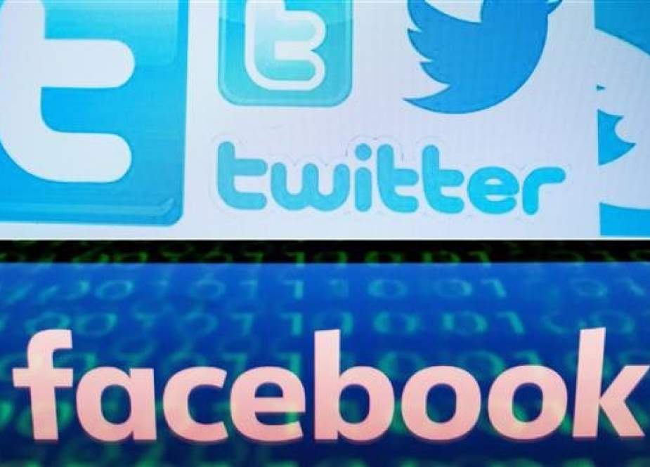 This combination of file pictures created on August 22, 2018 shows a photo illustration taken on March 23, 2018 of Twitter logos on a computer screen in Beijing and a file illustration picture taken on April 28, 2018 of the logo of social network Facebook displayed on a screen and reflected on a tablet in Paris. (Photo by AFP)