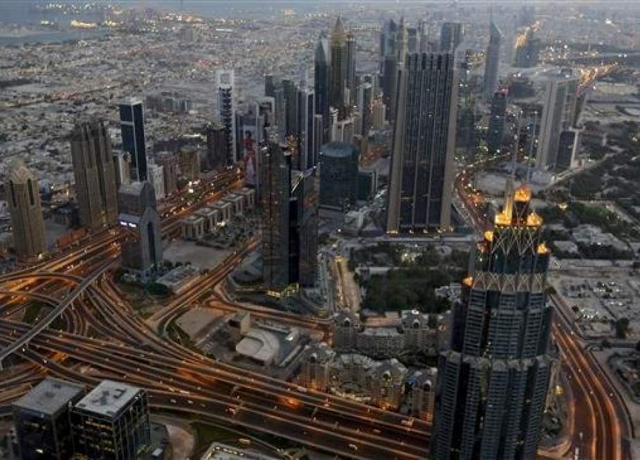 Shaikh Zayed highway towers, Burj Khalifa in Dubai, the United Arab Emirates.jpg