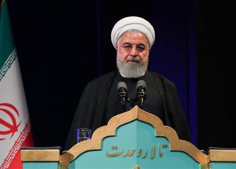 Iranian President Hassan Rouhani addresses the closing ceremony of the 36th Book of the Year Award and the 26th World Book Award of the Islamic Republic of Iran in Tehran on February 5, 2019. (Photo by president.ir)