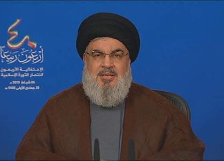 The Secretary General of the Lebanese Hezbollah resistance movement, Sayyed Hassan Nasrallah, delivers a speech broadcast from the Lebanese capital Beirut on February 6, 2019.