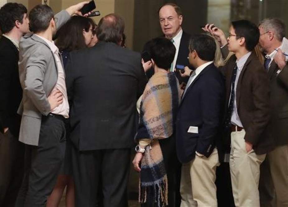 US Senator Richard Shelby talks to reporters during a break in a bipartisan negotiation meeting over securing the US southern border and keeping the US government from shutting down, on Capitol Hill February 11, 2019 in Washington, DC.