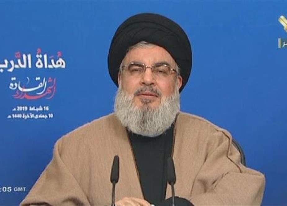 The secretary general of the Lebanese Hezbollah resistance movement, Sayyed Hassan Nasrallah, delivers a speech broadcast from the Lebanese capital Beirut on February 16, 2019.