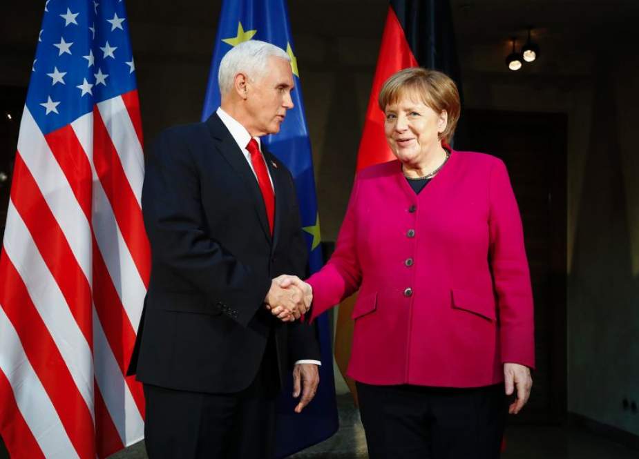 German Chancellor Angela Merkel welcomes United States Vice President Mike Pence for a bilateral meeting during the Munich Security Conference in Munich, Feb. 16, 2019. (Photo by AP)