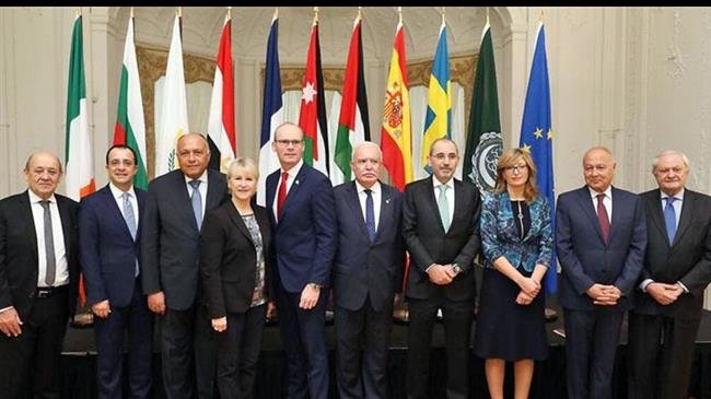 Foreign ministers of Jordan, Ireland, Egypt, Palestine, France, Sweden, Bulgaria, Cyprus and Spain, as well as Arab League Secretary General Ahmad Aboul Gheit, pose for a photo during a meeting in Dublin, Ireland, on Feb. 19, 2019.