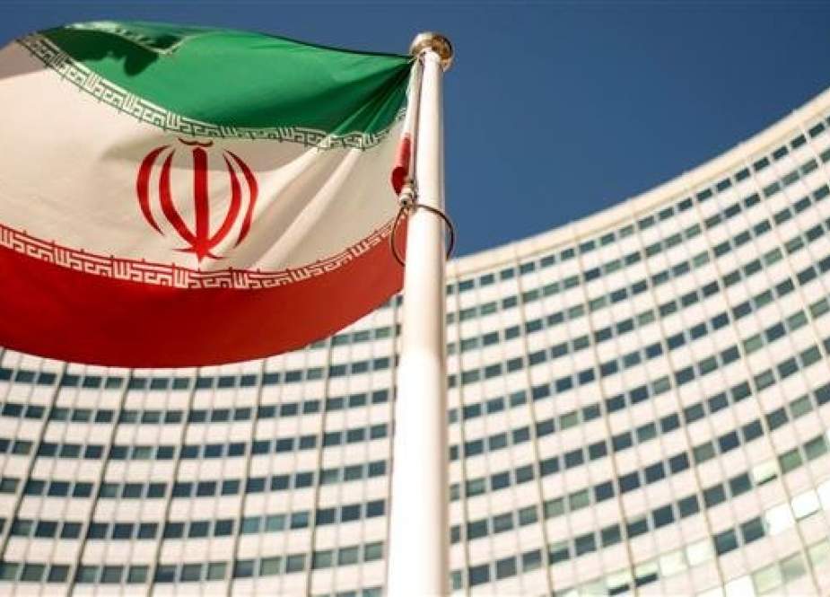 The file photo, taken on September 10, 2018, shows an Iranian flag outside of the UN headquarters during the opening of the International Atomic Energy Agency (IAEA) Board of Governors
