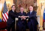 US Vice President Mike Pence (R) and Venezuelan opposition leader Juan Guaido (backwards), take part in a meeting with Foreign Ministers of the Lima Group at Colombia