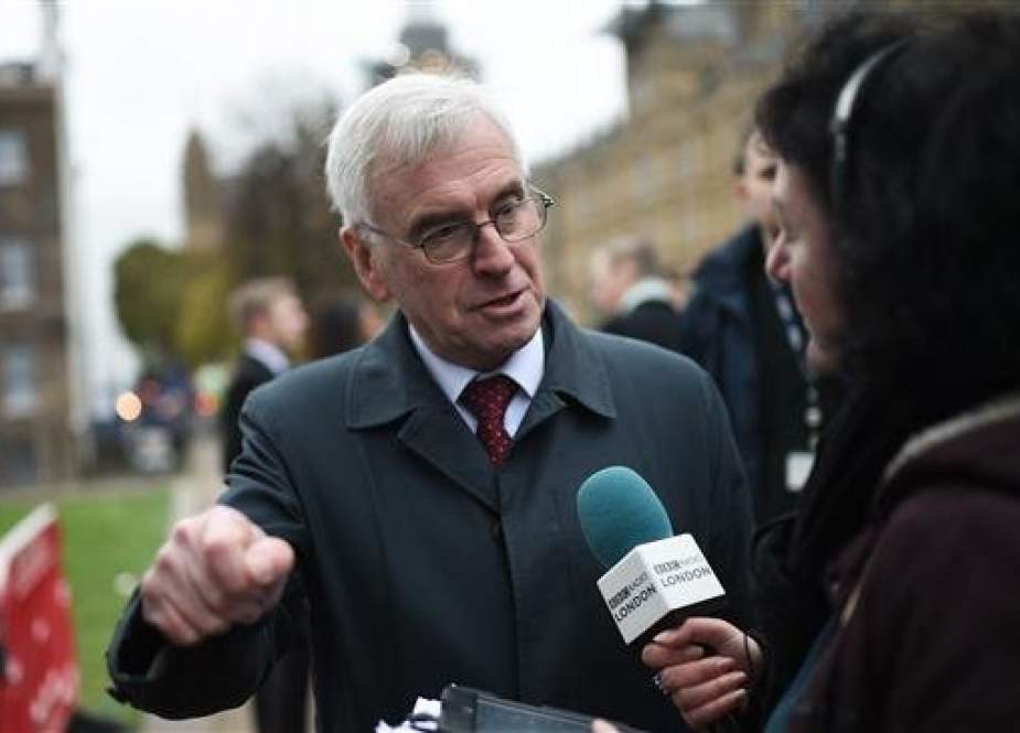 Labour Party MP and Shadow Chancellor of the Exchequer John McDonnell speaks to the media on College Green outside the Houses of Parliament in central London on January 16, 2019. (Photo by AFP)