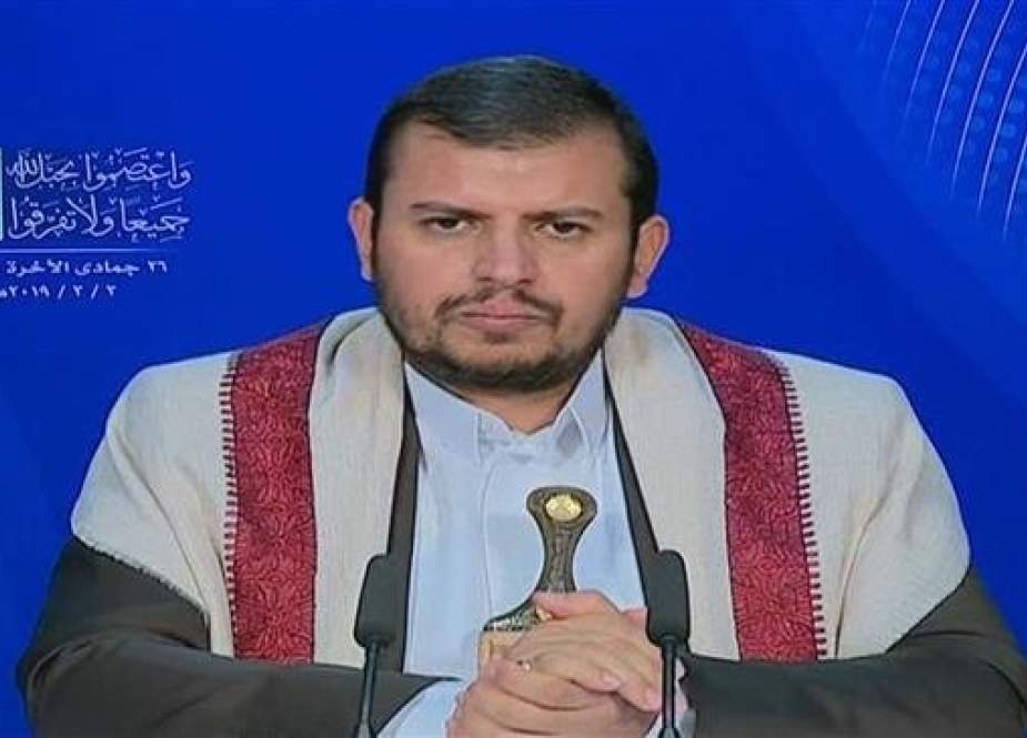 The leader of Yemen’s Houthi Ansarullah movement, Abdul-Malik al-Houthi, addresses his supporters via a televised speech broadcast live from the Yemeni capital, Sana’a, on March 3, 2019.