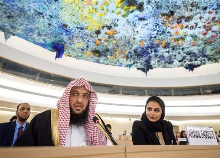 Member of Saudi delegation Sheikh Saleh Al-Sheikh delivers a speech before the UN Human Rights Council during the Universal Periodic Review on November 5, 2018 in Geneva. (Photo by AFP)