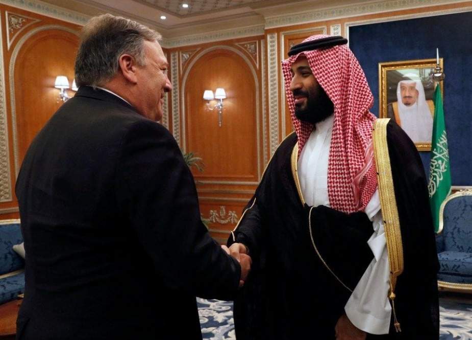 Secretary of State Mike Pompeo, left, greets Saudi Crown Prince Mohammed bin Salman in Riyadh.