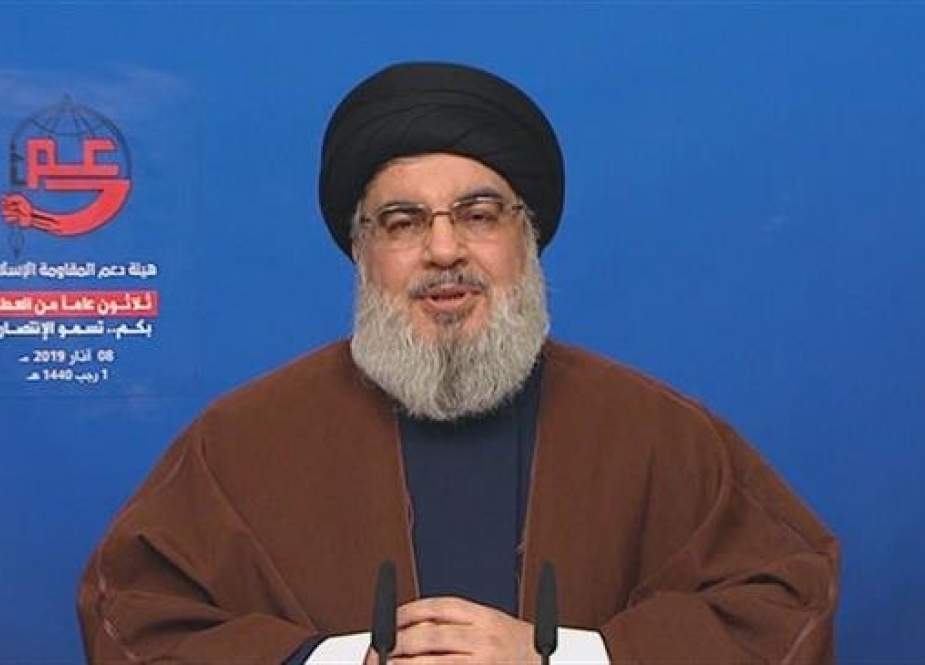 The secretary general of the Lebanese resistance movement Hezbollah, Sayyed Hassan Nasrallah, delivers a speech broadcast from the Lebanese capital, Beirut, on March 8, 2019.