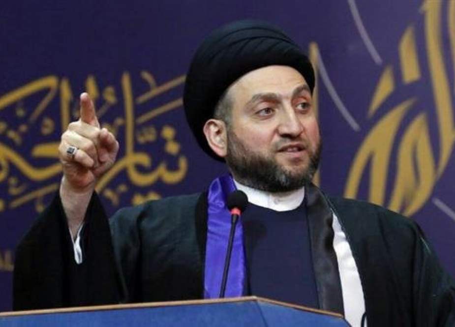 Iraqi Shia cleric and the leader of the National Wisdom Movement, Ammar al-Hakim, delivers a speech during a ceremony marking the 16th death anniversary of Iraq