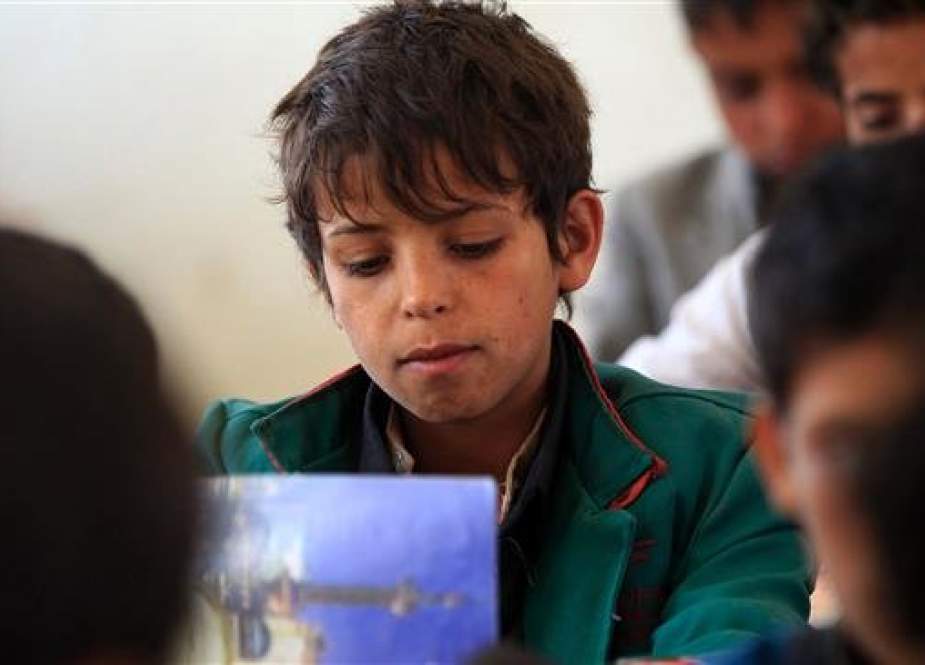 A Yemeni child attends a class at an orphanage in the Yemeni capital Sana