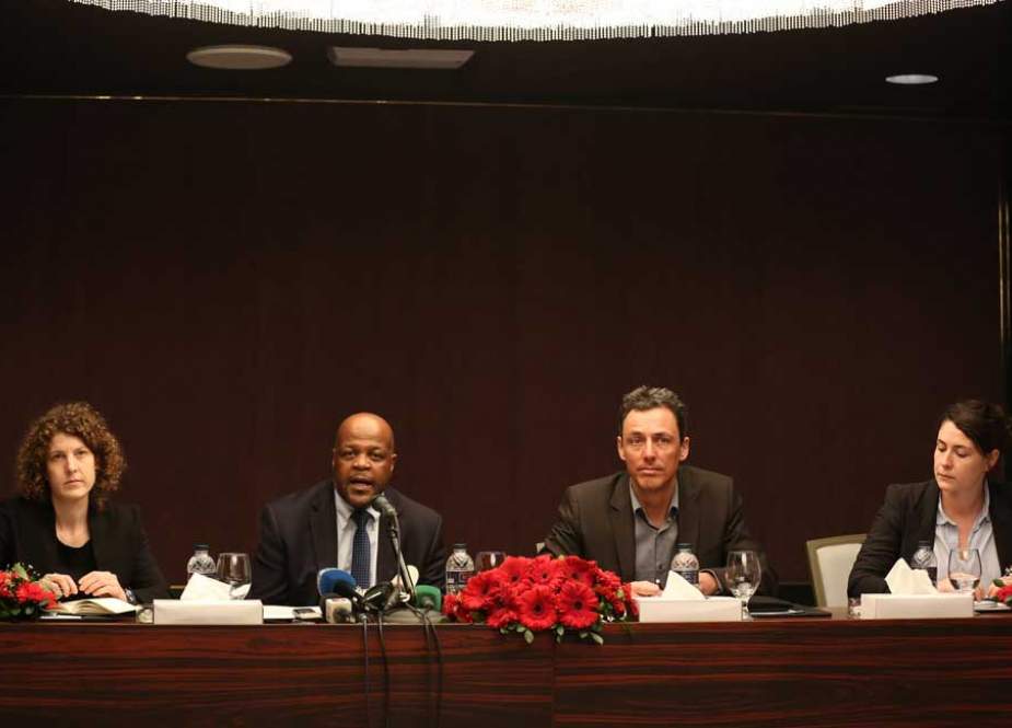 Director of Jurisdiction, Complementarity and Cooperation Division of the International Criminal Court (ICC), Phakiso Mochochoko (2nd L), speaks during a press conference in Dhaka on March 11, 2019. (AFP)
