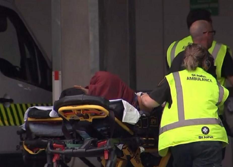 An image grab from TV New Zealand taken on March 15, 2019 shows a victim arriving at a hospital following the mosque shooting in Christchurch. (Photo by AFP)
