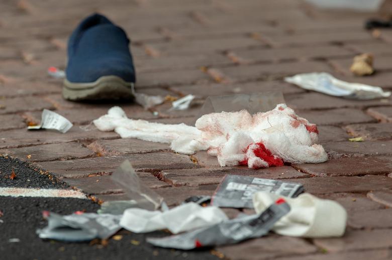Bloodied bandages on the road following a shooting at the Al Noor mosque in Christchurch.