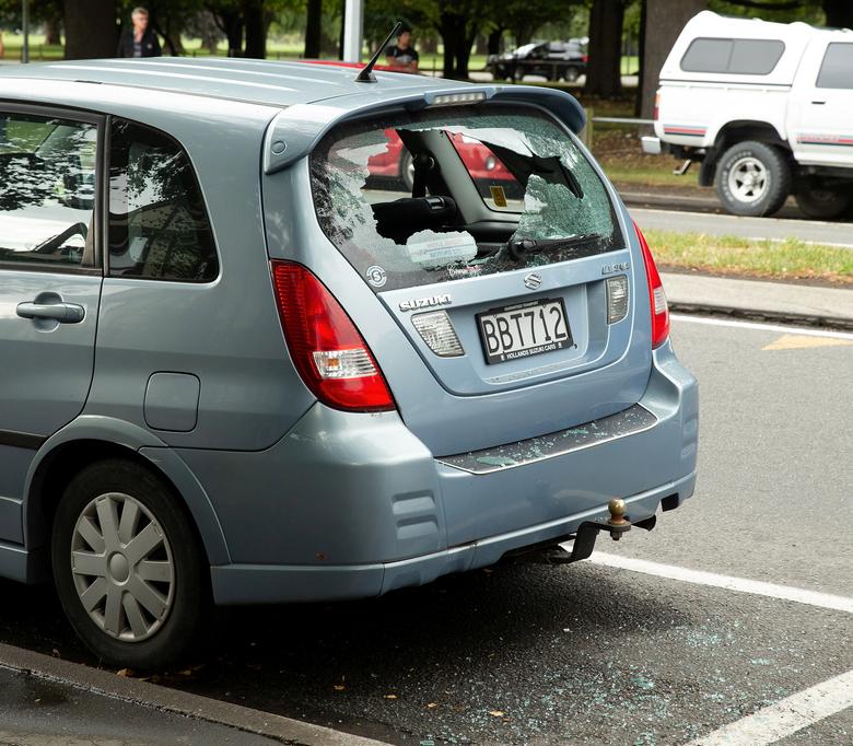 A shattered car window following a shooting at the Al Noor mosque in Christchurch.