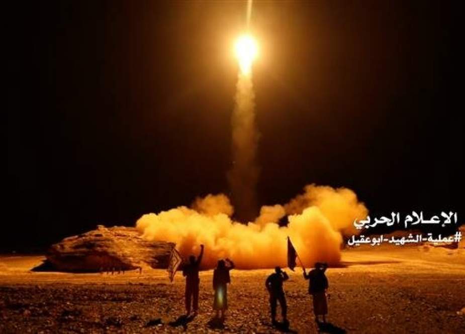 This file image grab, taken from a video handed out by Yemen’s Houthi movement on March 27, 2018, shows military forces launching a ballistic missile from the capital Sana’a, on March 25, 2018. (Via AFP)