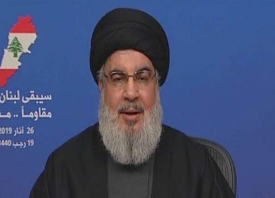Frame grab shows Hezbollah Secretary-General Sayyed Hassan Nasrallah delivering a speech on March 26, 2019.