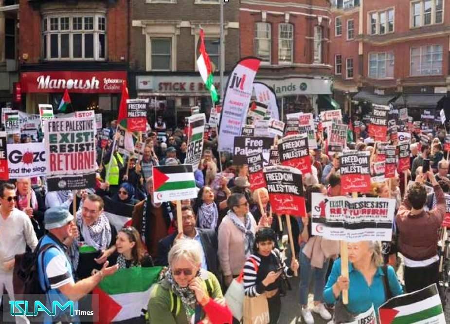 غاصب صیہونی رژیم کے جرائم کے خلاف لندن میں احتجاجی مظاہرہ