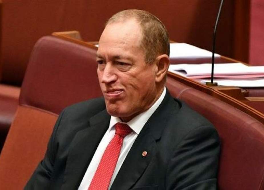 In this photo gabbed from a video, Australian Senator Fraser Anning is seen facing a censure motion at the Senate for his controversial comments about the Christchurch terror attacks, April 3, 2019.