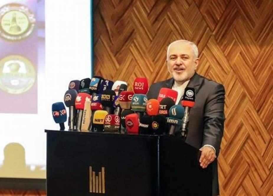 Iranian Foreign Minister Mohammad Javad Zarif speaks during a joint-trade conference between Iraq