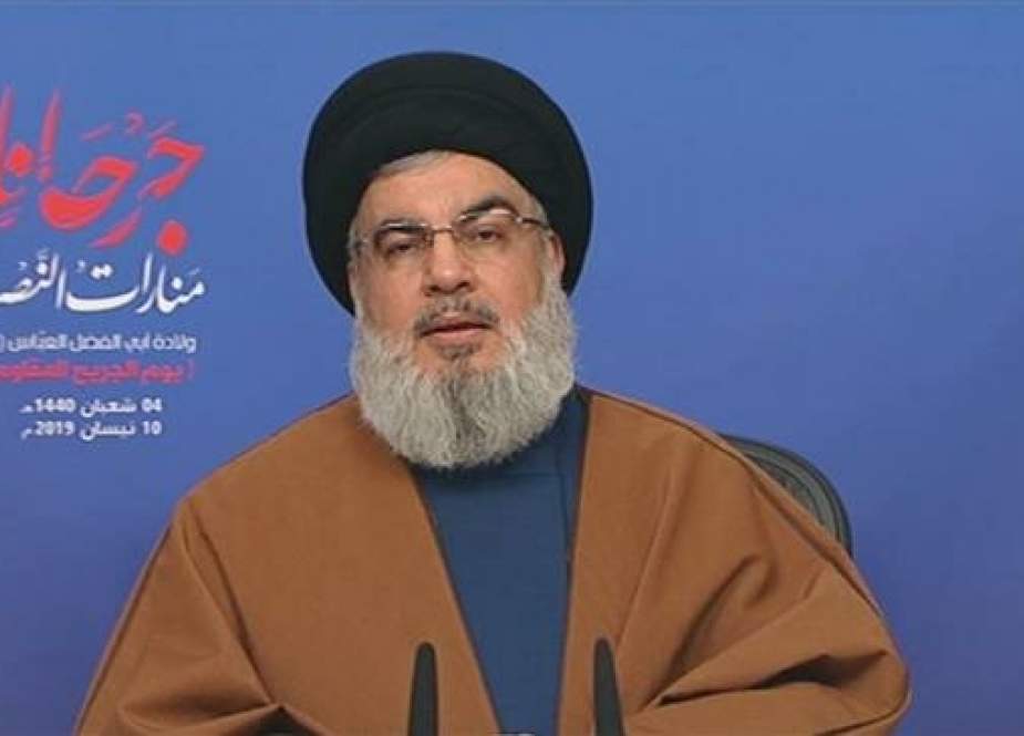 The secretary general of the Lebanese resistance movement Hezbollah, Sayyed Hassan Nasrallah, delivers a speech broadcast from the Lebanese capital Beirut, on April 10, 2019.