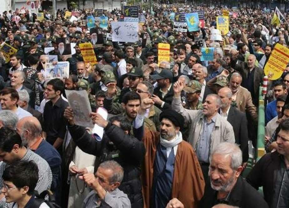 Iranians rally to express solidarity with the Islamic Revolution Guards Corps (IRGC), in Tehran, Iran, on April 12, 2019, following the blacklisting of the force by the United States as “a foreign terrorist organization.” (Photo by IRNA)
