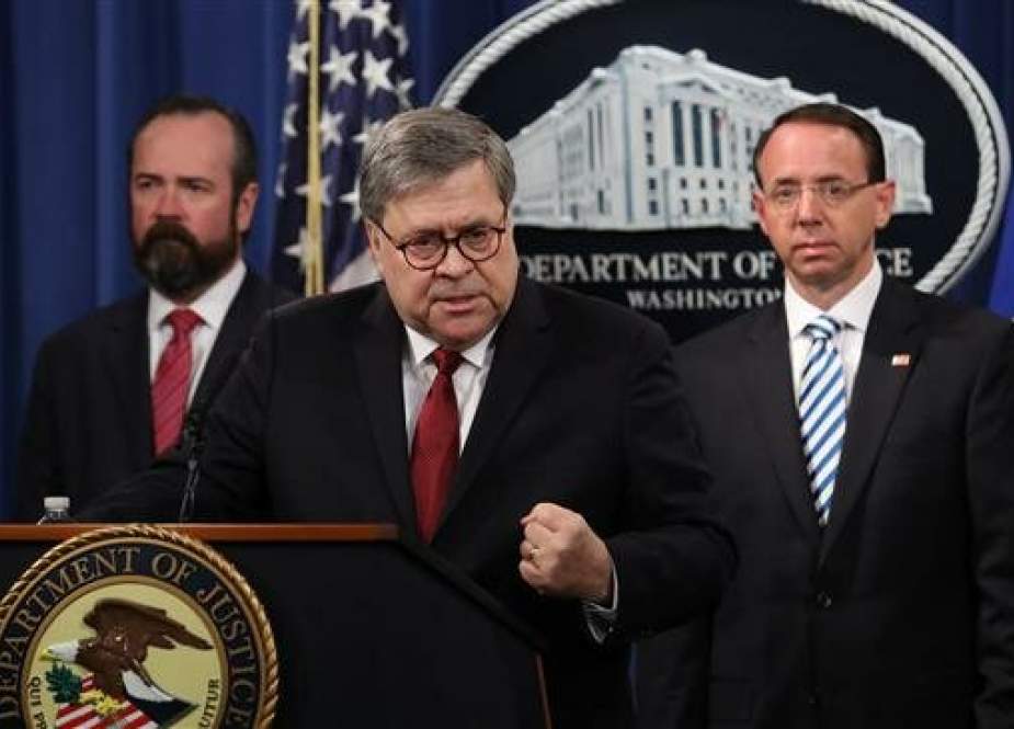 US Attorney General William Barr (C) speaks about the release of the redacted version of Special Counsel Robert Mueller’s report at the Department of Justice April 18, 2019. (Getty Images)