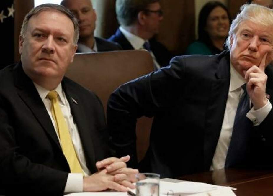US President Donald Trump and Secretary of State Mike Pompeo listen during a Cabinet meeting at the White House in Washington, DC, US, on June 21, 2018. (Photo by Getty Images)