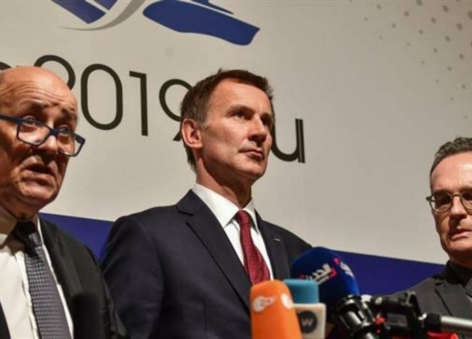 French Foreign Minister Jean-Yves Drian (L), UK Foreign Secretary Jeremy Hunt (C), and German Foreign Minister Heiko Maas.jpg