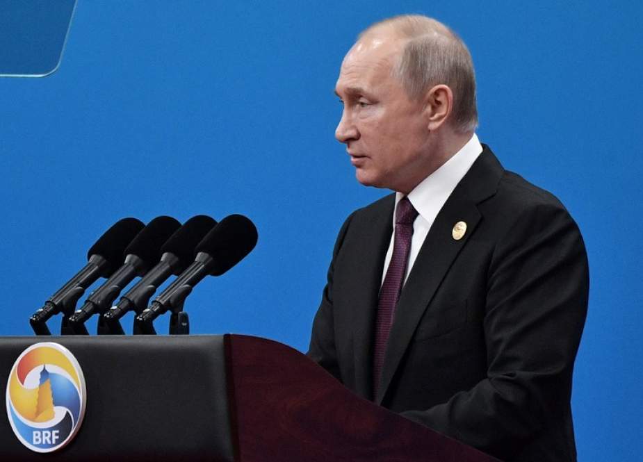 Russian President Vladimir Putin addresses the opening of the second Belt and Road forum in Beijing on April 2016, 2019.
