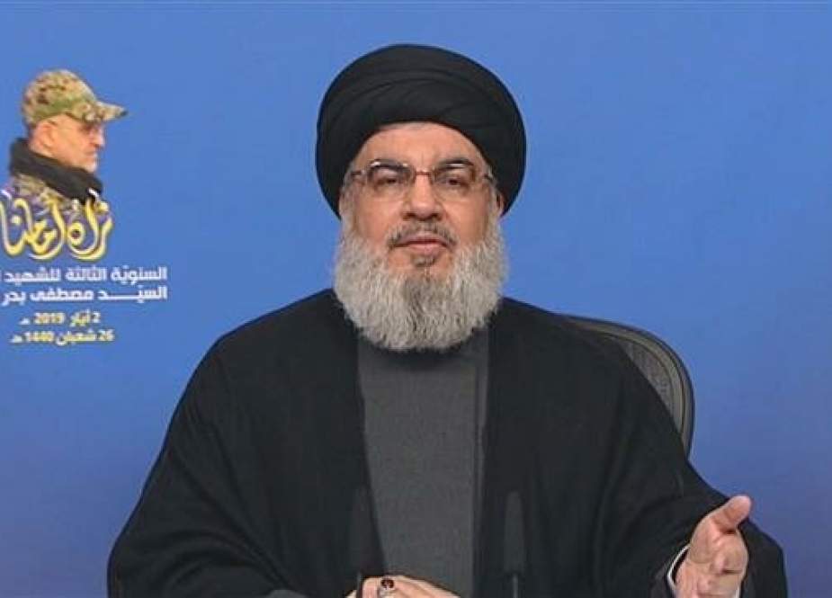 The secretary general of the Lebanese resistance movement Hezbollah, Sayyed Hassan Nasrallah, delivers a speech broadcast from the Lebanese capital Beirut, on May 2, 2019.