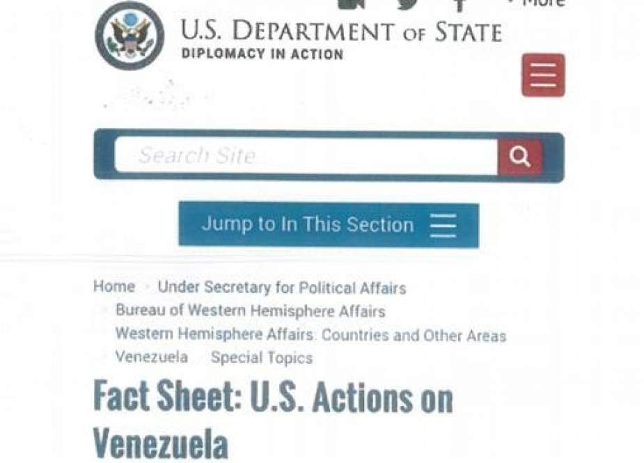 Image shows the alleged US State Department fact sheet, titled as "US Actions on Venezuela", as it was recovered by the investigative journalism group Grayzone, published on May 6, 2019.