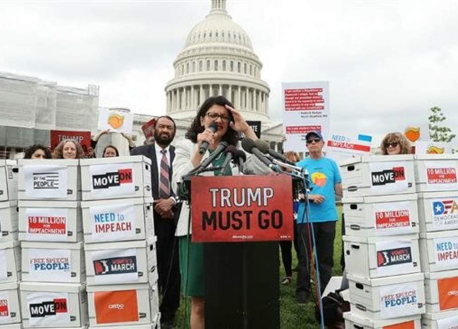US Representative Rashida Tlaib speaks with activists calling on Congress to begin impeachment proceedings against President Donald Trump. (AFP photo)