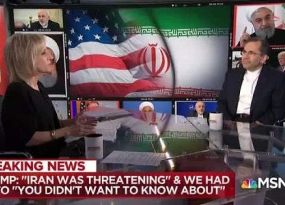 Iran’s envoy to the United Nations Takht Ravanchi speaks in an interview with the American MSNBC television network on May 9, 2019.