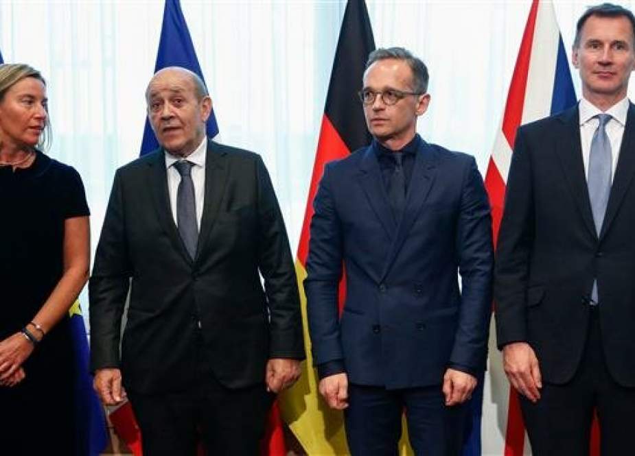 Left to right: EU foreign policy chief Federica Mogherini, French Foreign Minister Jean-Yves Le Drian, German Foreign Minister Heiko Maas, and Britain