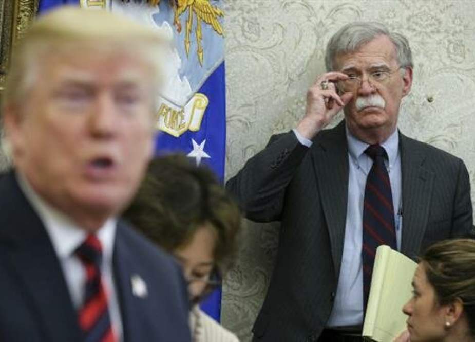 US President Donald Trump and National Security Adviser John Bolton during a meeting with South Korean President Moon Jae-in at the White House on May 22, 2018. (Getty images)