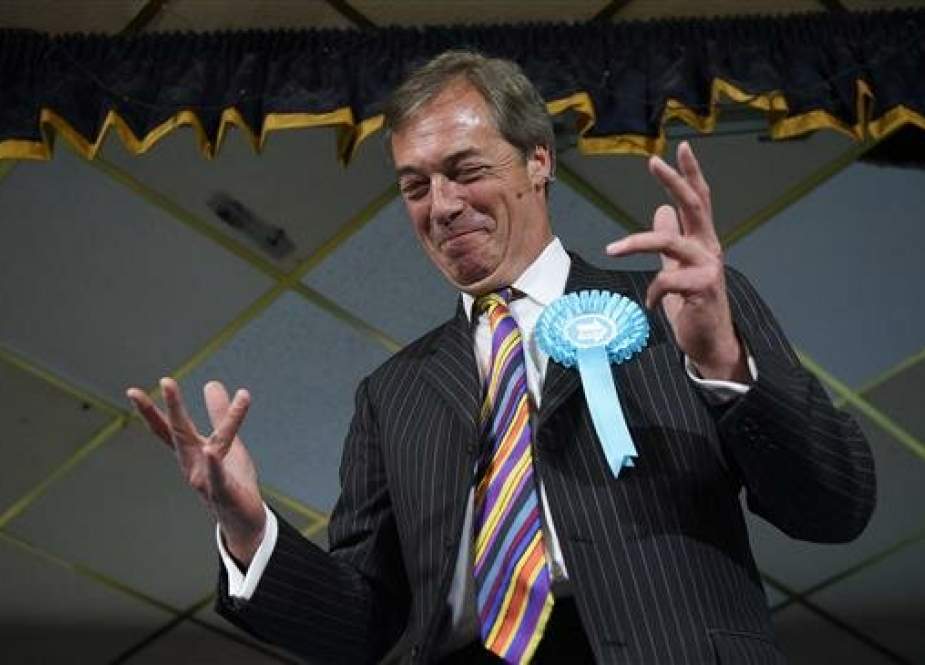 Brexit Party leader Nigel Farage speaks at a European Parliament election campaign event in Pontefract, northwest England, on May 13, 2019. (Photo by AFP)