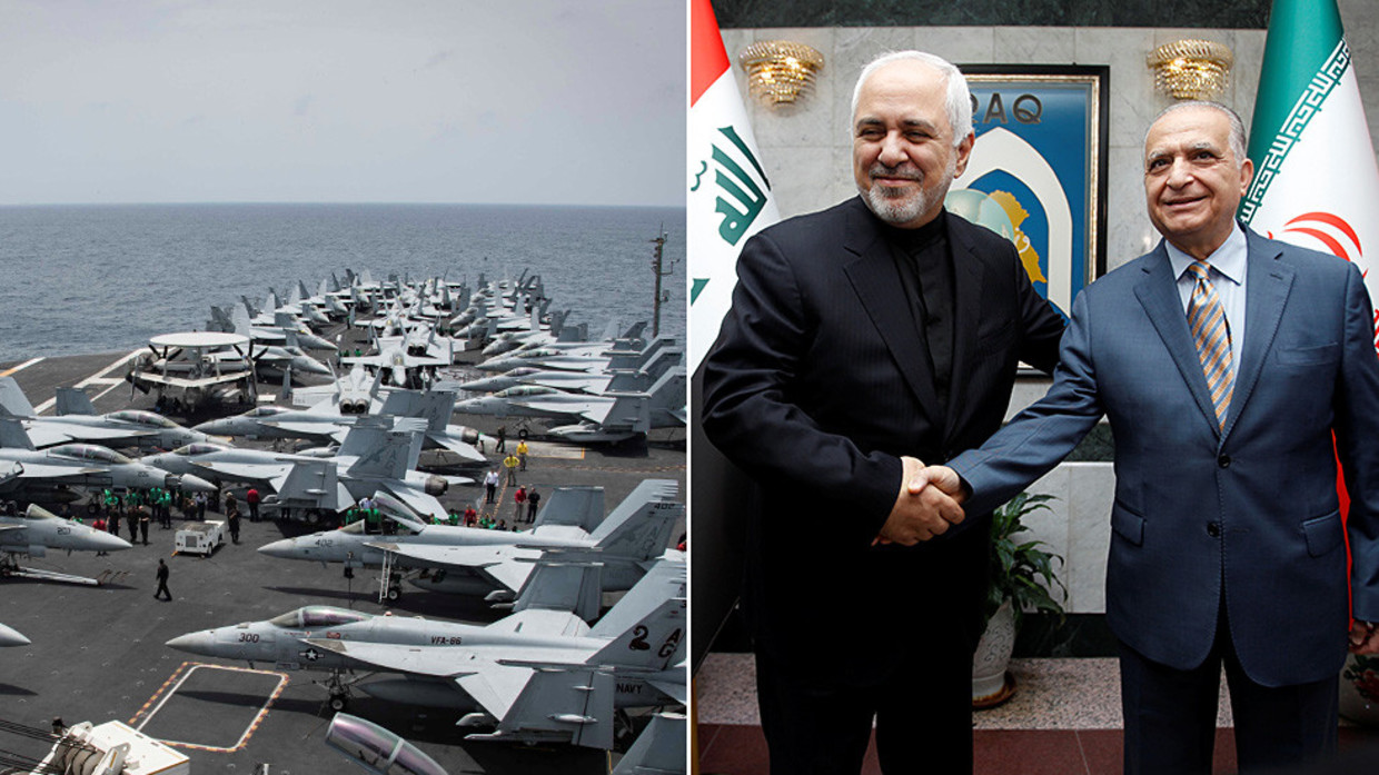 Flight deck of the U.S aircraft carrier USS Abraham Lincoln / Iranian Foreign Minister Mohammad Javad Zarif shakes hands with Iraqi Foreign Minister Mohamed Ali Alhakim