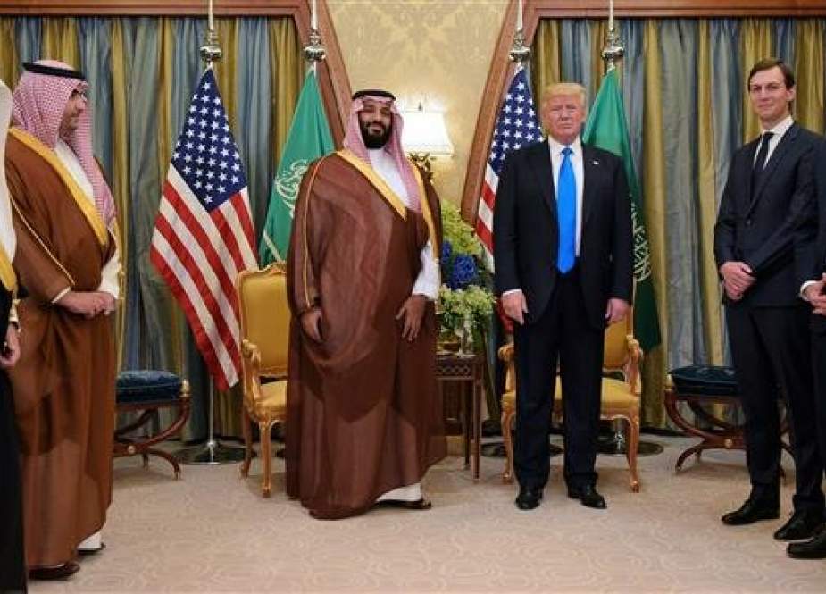 In this file photo, taken on May 20, 2017, US President Donald Trump (C-R), Saudi Arabia’s then-Deputy Crown Prince Mohammed bin Salman, and Trump’s son-in-law, Jared Kushner (2nd-R) are seen in a bilateral meeting at a hotel in Riyadh. (Photo by AFP)