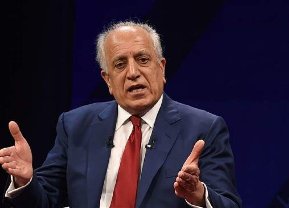 US special representative for Afghan peace and reconciliation Zalmay Khalilzad gestures as he speaks during a forum talk with Afghan director of TOLO news Lotfullah Najafizada, at the Tolo TV station in Kabul on April 28, 2019. (photo by AFP)