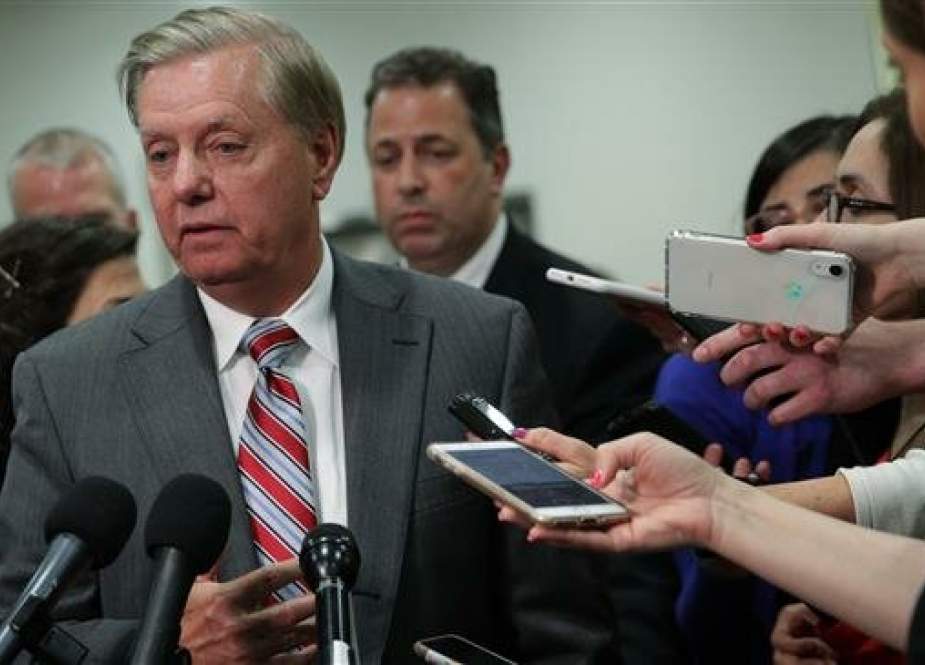 US Senator Lindsey Graham speaks to members of the media after a closed briefing for Senate members May 21, 2019 on Capitol Hill in Washington, DC. (AFP photo)