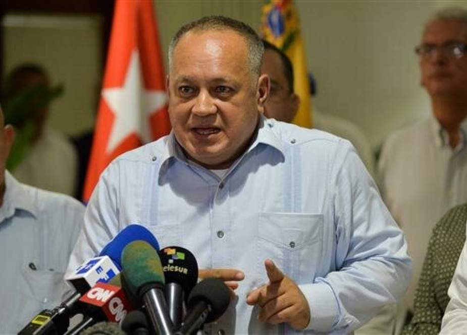 Venezuelan President of the Constituent Assembly Diosdado Cabello, speaks during a press conference at the Jose Marti International Airport in Havana, on June 7, 2019. (Photo by AFP)