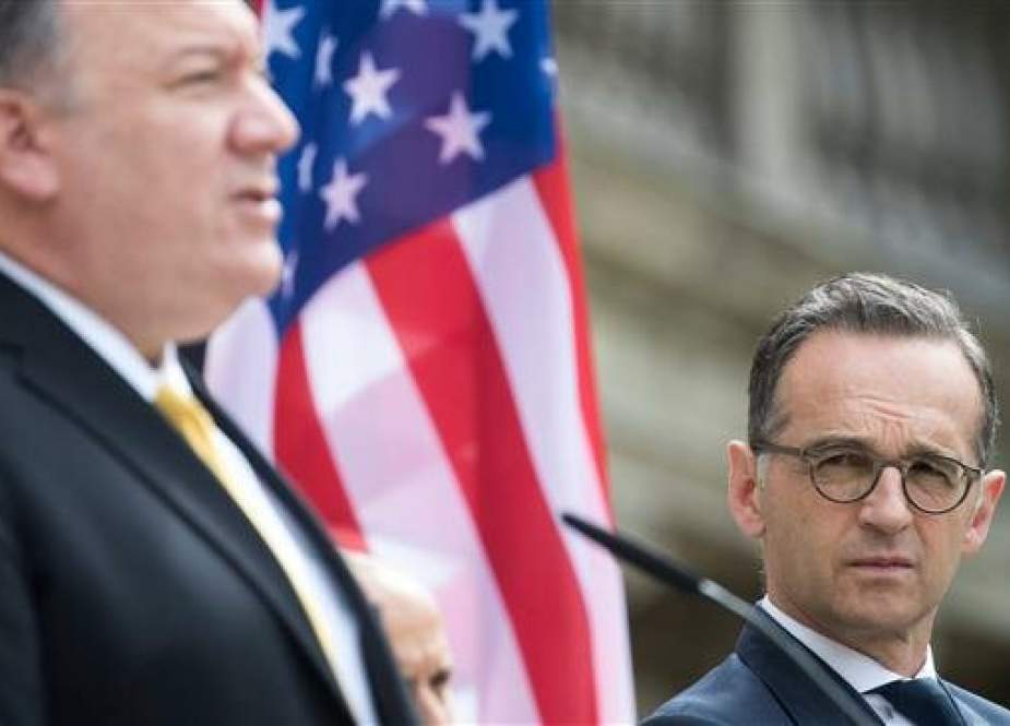 German Foreign Minister Heiko Maas (R) and US Secretary of State Mike Pompeo speak during a joint press conference after a meeting at Villa Borsig in north Berlin on May 31, 2019.