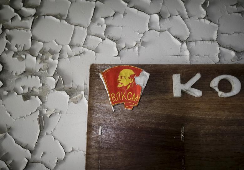 A picture of Soviet state founder Vladimir Lenin in a kindergarten in the abandoned city of Pripyat