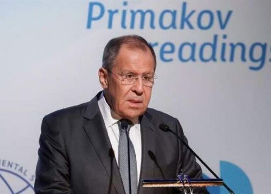 Russian Foreign Minister Sergei Lavrov addresses the Primakov Readings forum in Moscow on June 11, 2019.