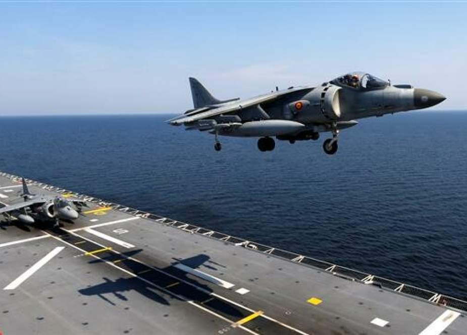 panish Navy ground-attack aircrafts AV-8B Harrier II land on the board of the assault ship-aircraft carrier LHD Juan Carlos I during Baltops 2019 NATO military exercise in the Baltic sea near Lilaste, Latvia June 13, 2019. REUTERS/Ints Kalnins