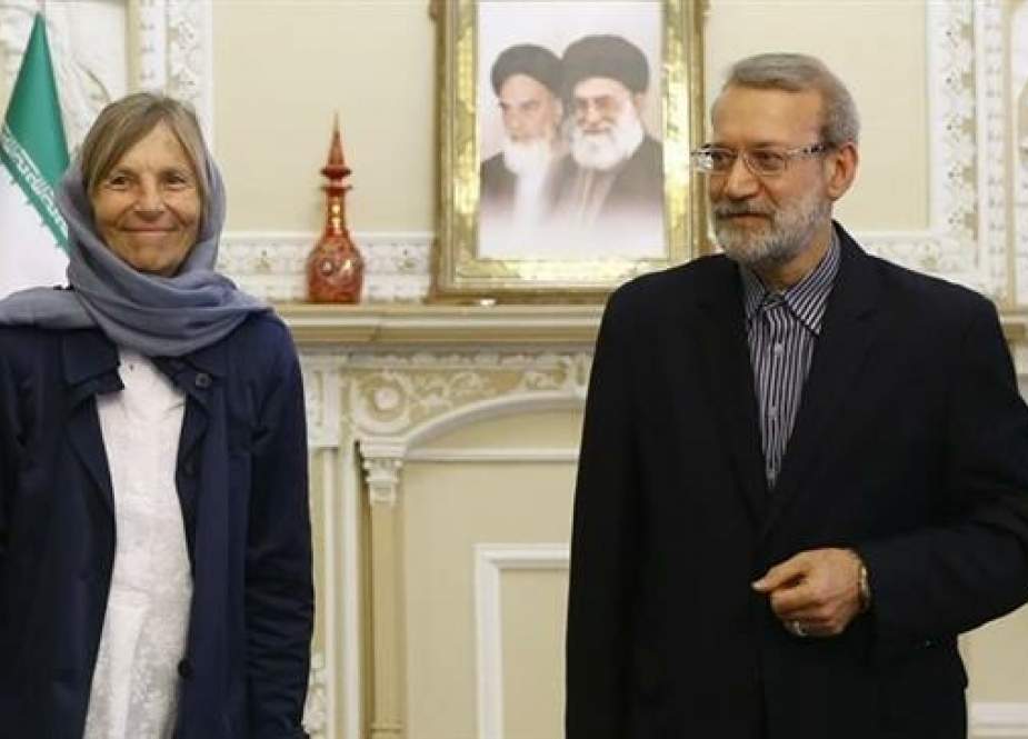 Iranian Parliament Speaker Ali Larijani (R) meets Chair of the Foreign Affairs Committee of the French National Assembly Marielle de Sarnez in Tehran on June 15, 2019.